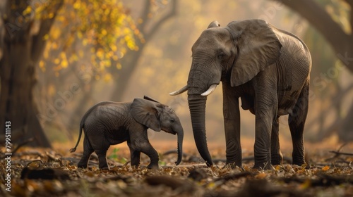 An intimate moment captured between a mother elephant and her calf in a serene forest