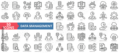 Data management icon collection set. Containing database, monitor, growth graph, cloud, storage, setting, filter icon. Simple line vector.