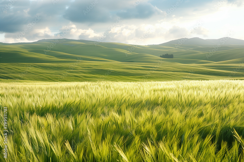 Green ears of wheat on field.
