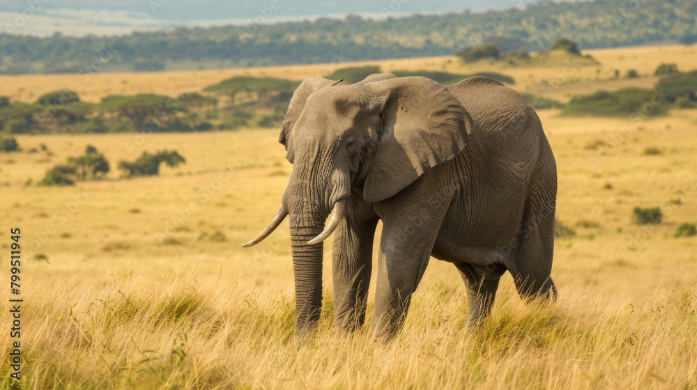Obraz premium A solitary African elephant stands proudly in the savanna, showcasing its impressive tusks and wrinkled skin against a backdrop of golden grass and distant trees