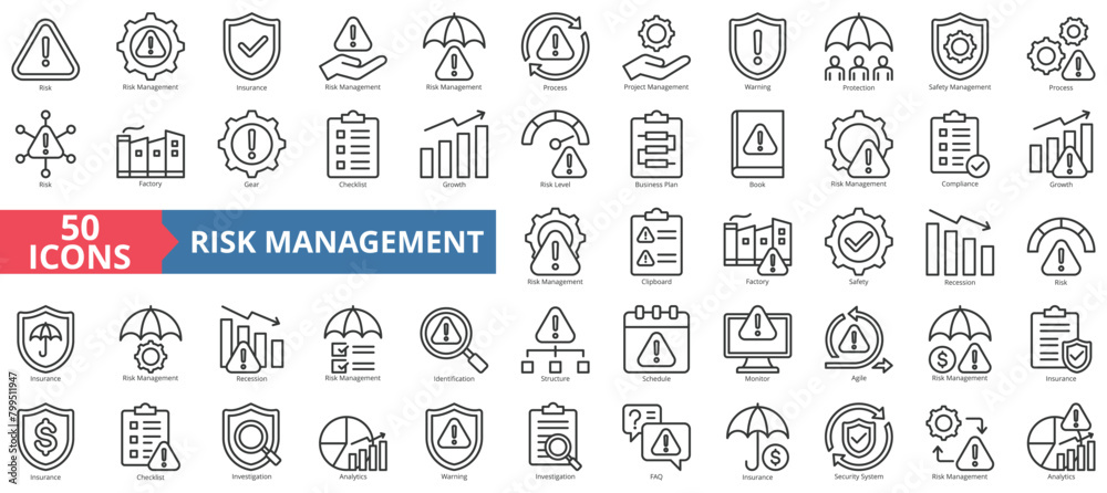 Risk management icon collection set. Containing risk, insurance, process, project, warning, protection, safety icon. Simple line vector.