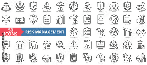 Risk management icon collection set. Containing risk, insurance, process, project, warning, protection, safety icon. Simple line vector.