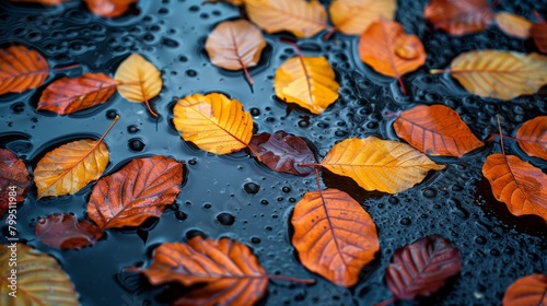A wet asphalt surface covered with fallen leaves.