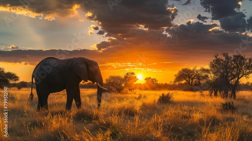 Silhouetted against an awe-inspiring sunset  an elephant enjoys the peace of the savanna