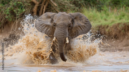 A captivating image showcasing an African elephant lifting its legs high, causing a large splash in the muddy waters of its natural habitat
