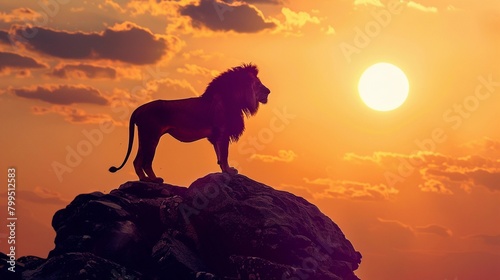 A majestic lion silhouette standing proudly on a rock against the setting sun