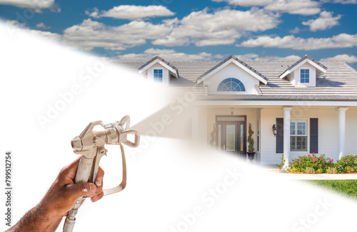 Professional Spray Painter Holding Spray Gun Spraying New House Over White Surface. © Andy Dean