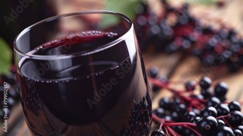 A closeup of a glass filled with a rich darkhued elderberry elixir promising a boost of antioxidants and immune support. photo