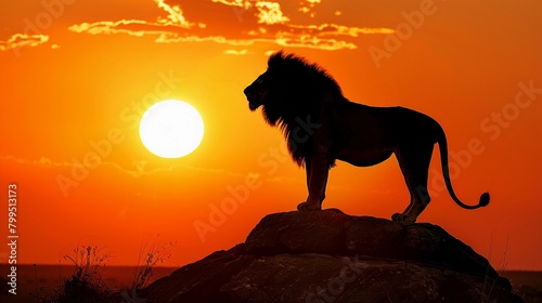 A majestic lion silhouette standing proudly on a rock against the setting sun