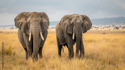 This image highlights two African elephants making their way side by side across a grassy landscape, symbolizing companionship