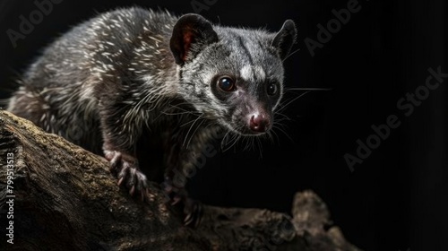 This stunning civet image captures the animal's intense gaze as it perches on a log, highlighted against a dark backdrop