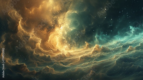 ilustrasi background the boundless expanse of space, celestial phenomena nebulae swirling with vibrant hues