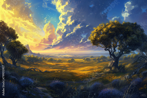 Fantasy landscape with a tree in the foreground. Sci-fi planet landscape concept art. Fantasy space world. Mysterious and magical planet.