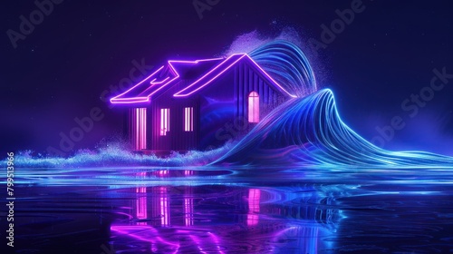 neon purple blue glowing outline wireframe symbol of tsunami wave with house isolated on black background with glossy reflection on floor