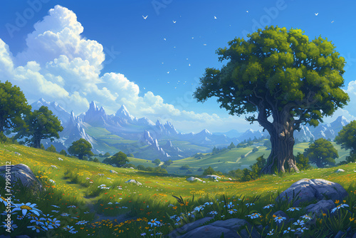 Beautiful spring landscape with blooming meadow and big tree. Sci-fi planet landscape concept art. Fantasy space world. Mysterious and magical planet.