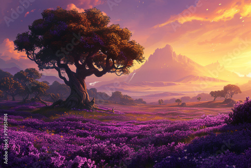 Lavender field and old tree at sunset. Digital painting. Sci-fi planet enviroment, landscape concept art.