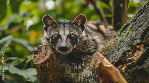 A close-up shot of a beautiful palm civet with striking stripes perched attentively on a tree branch in a lush forest photo