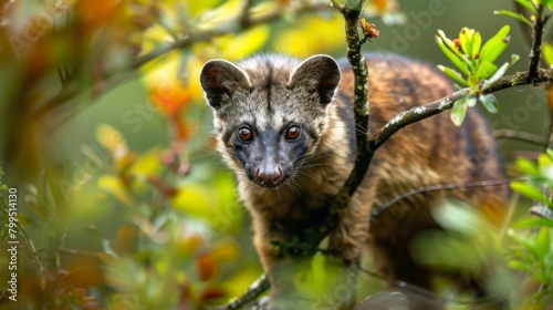 Engaging image of a palm civet with striking eyes gazing through vibrant green foliage in its dense forest environment photo