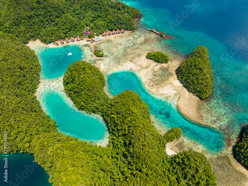 Birds eye view of Natural Beach and Lagoons in Sohoton Cove. Surigao del Norte. Mindanao, Philippines.
