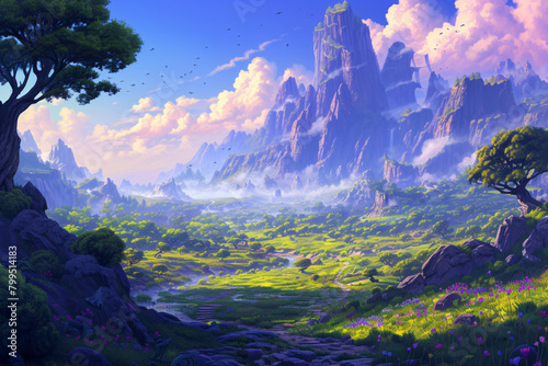 Fantasy landscape with mountains and meadow. Sci-fi planet landscape concept art. Fantasy space world. Mysterious and magical planet.