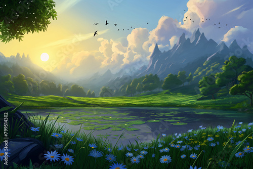 Fantasy landscape with lake, mountains, meadow, clouds and birds. Sci-fi planet landscape concept art. Fantasy space world. Mysterious and magical planet.
