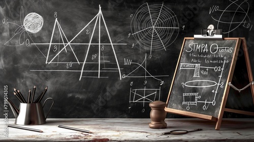  A chalkboard with geometric drawings and a model of a DNA strand  vintage educational tools.