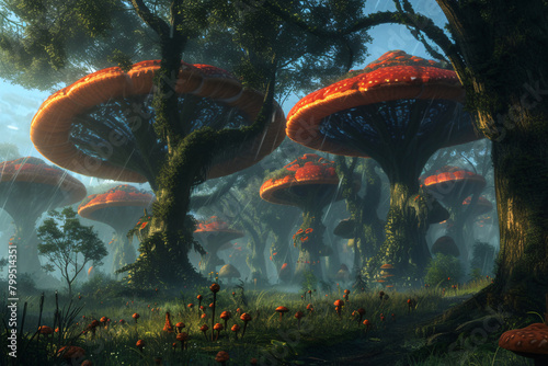 Fantasy landscape with mushrooms in the forest. Sci-fi planet landscape concept art. Fantasy space world. Mysterious and magical planet.