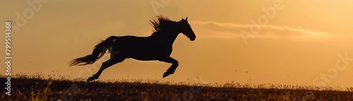 Galloping Horse  A silhouette of a horse galloping across an open field  mane flowing in the wind