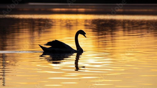 Graceful Swan, A silhouette of a swan gliding gracefully across a calm lake