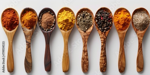 Wooden spoons in a row filled with various aromatic spices, creating a visually stunning display of color and flavor.