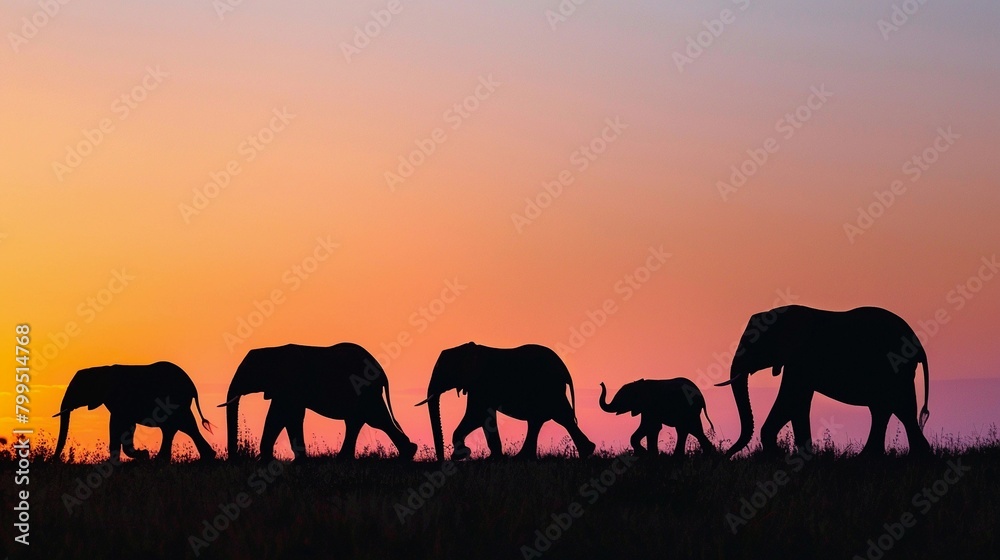Elephant Family, A silhouette of a family of elephants walking in a line Elephant Family, A silhouette of a family of elephants walking in a line