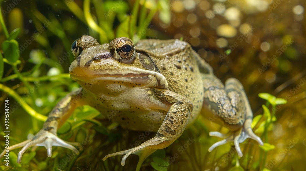 Obraz premium This image captures a frog in a natural setting, accentuating its textures and the vibrant surroundings