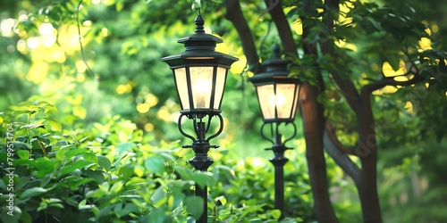 Two park lanterns against a backdrop of fresh green foliage in a city park