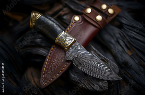 Unique knife made of Damascus steel decorated with ornament with leather sheath on the background of black wood photo