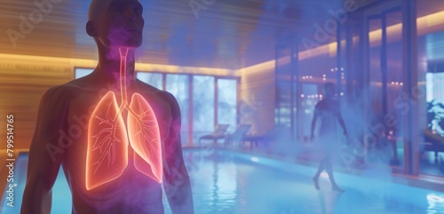 An animated visualization of the saunas effect on the respiratory system with animated lungs clearing out toxins and increased oxygen flow resulting in easier breathing.. photo