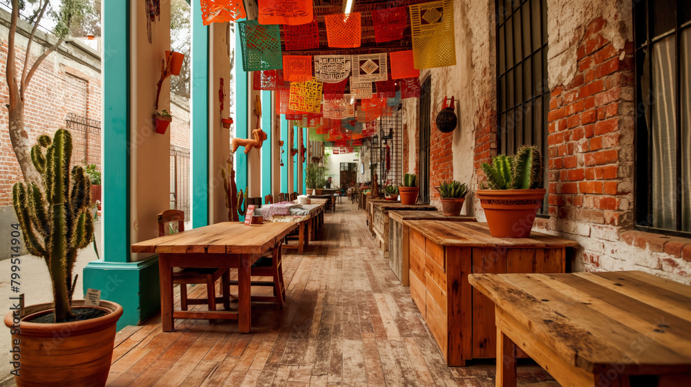  Rustic alley with wooden benches and potted cacti, decorated with paper flags.