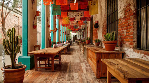  Rustic alley with wooden benches and potted cacti  decorated with paper flags.