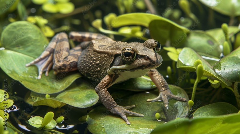 This image displays a relaxed frog amidst vibrant water plants, providing a sense of tranquility and harmony with nature in a pond setting This image displays a relaxed frog amidst vibrant water plants, providing a sense of tranquility and harmony with nature in a pond setting