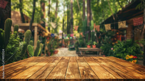 Blurry image of an outdoor café with wooden tables and lush greenery.
