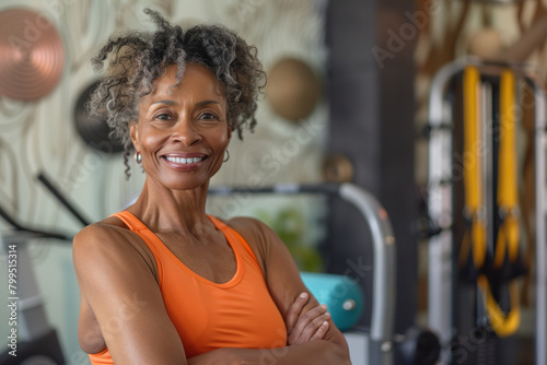 Professional Portrait of an active black African American mature woman smiling and doing fitness pilates at her home gym