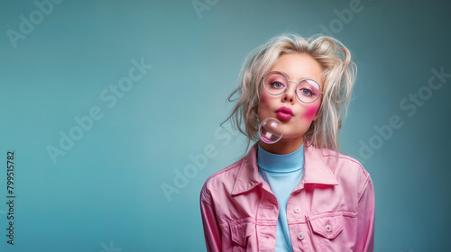 young blonde woman blowing a soap bubble, isolated on teal background © Christian Müller