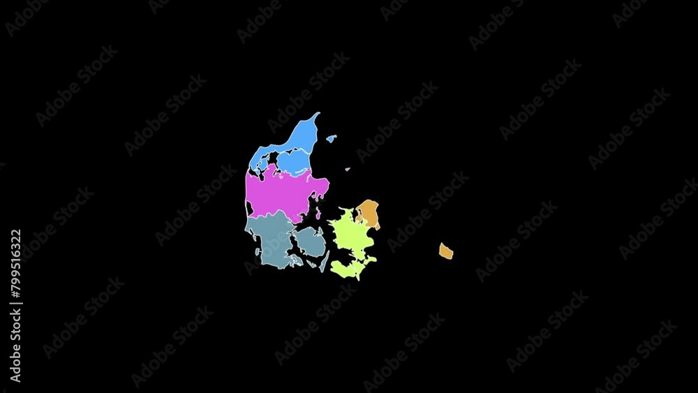 4k Map of the Kingdom of Denmark with all Regions top view animation on the black background. 60fps Five regions of Denmark with highlighter rendering on alpha channel
