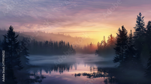 view of the river in the morning, tall pine trees growing around the river, morning dew covering the entire river area, beautiful sunlight in the corner of the picture.