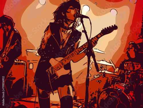 A passionate punk rocker woman plays her electric guitar at a vibrant live concert, her intense energy amplified by the red stage lights and smoky atmosphere.