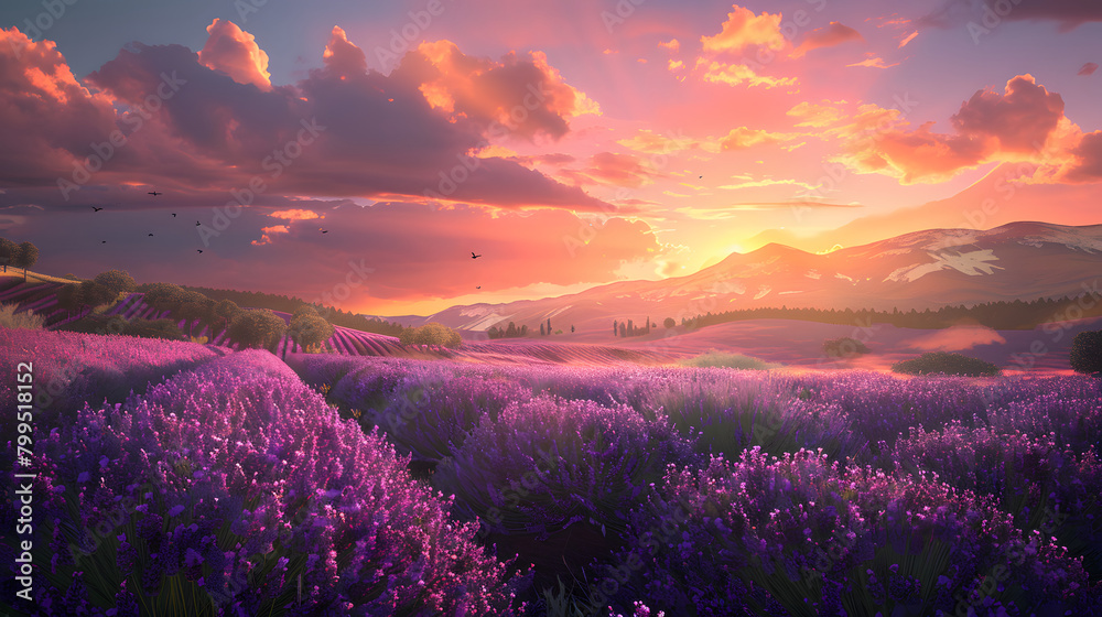 panoramic view of blooming lavender fields, sunset rays illuminating the entire lavender field. background of hills and bright orange sky. panoramic view of blooming lavender fields, sunset rays illuminating the entire lavender field. background of hills and bright orange sky.