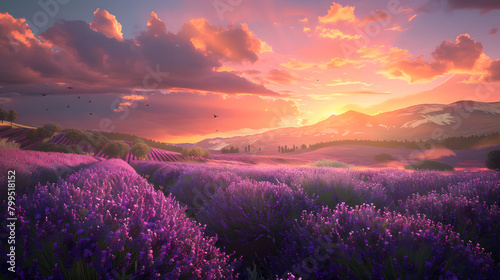 panoramic view of blooming lavender fields, sunset rays illuminating the entire lavender field. background of hills and bright orange sky.