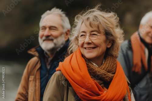 Portrait of a smiling senior couple walking in the autumn park.