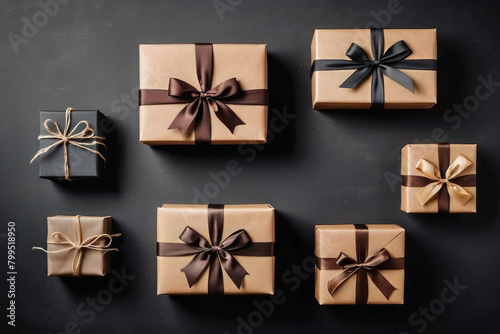 Gift boxes are wrapped in kraft paper with brown ribbon and a bow on a black background. Gifts for men concept. Father's Day greeting card, festive decor. Top view. Flat lay
