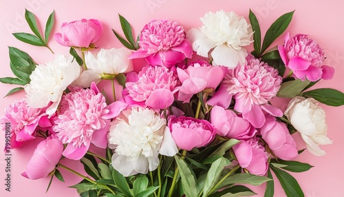 Beautiful fresh pink and white peony flowers bouquet on pink table  top view and flat lay background