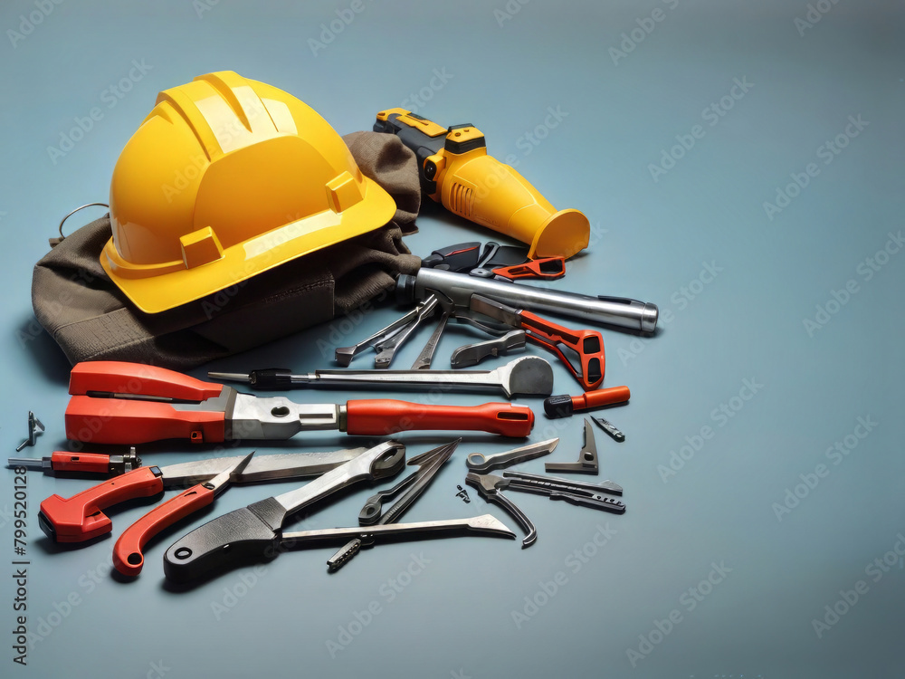 Celebrate the spirit of Labour Day with a stunning illustration featuring a hard hat and tools. This is the perfect opportunity to showcase your company's commitment to hard work and dedication. The i